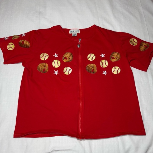 Belle Pointe Novelty Zip Up Cardigan Size L Cotton Baseball Softball Embroidery - Picture 2 of 8
